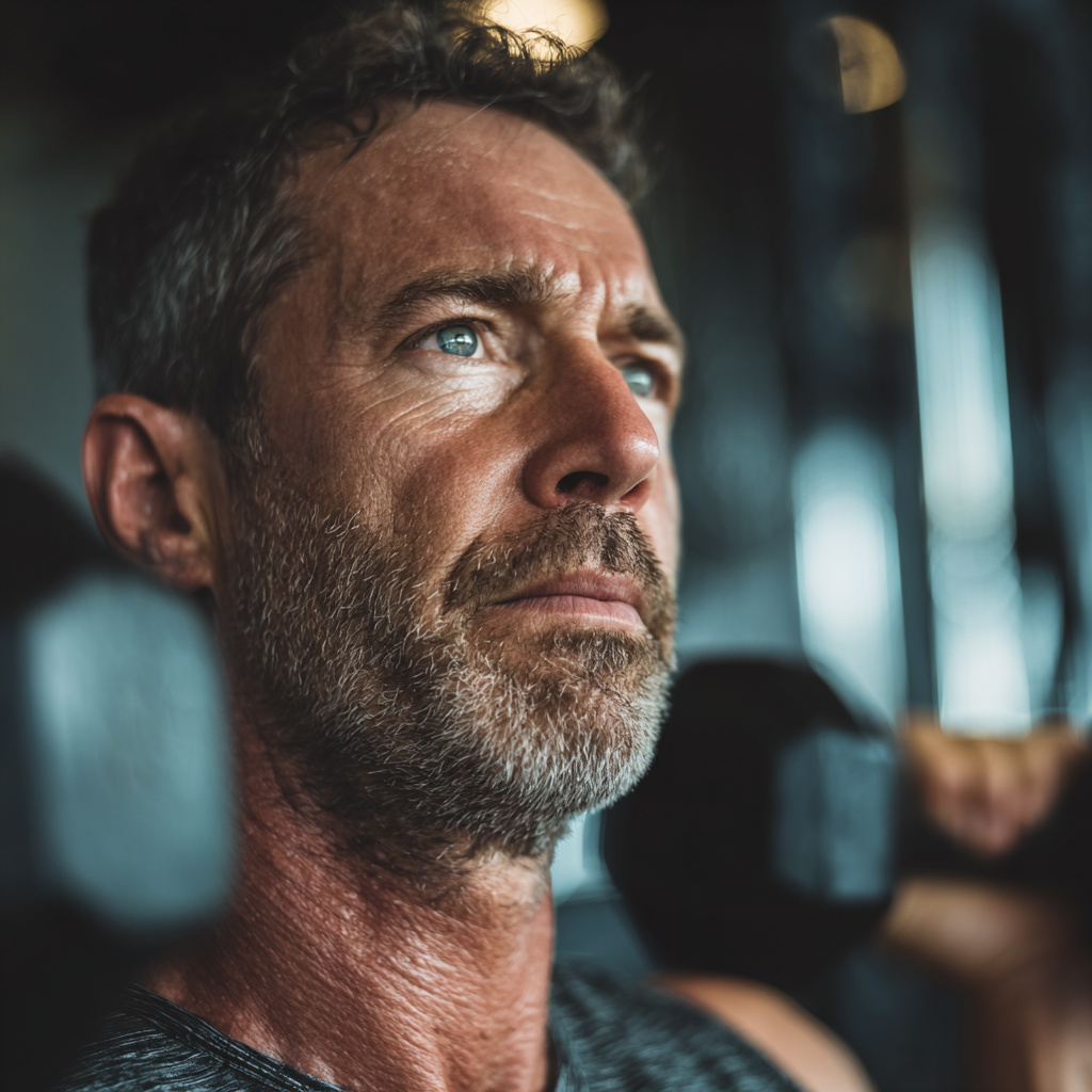 Middle-aged man training with focus and determination in modern gym setting