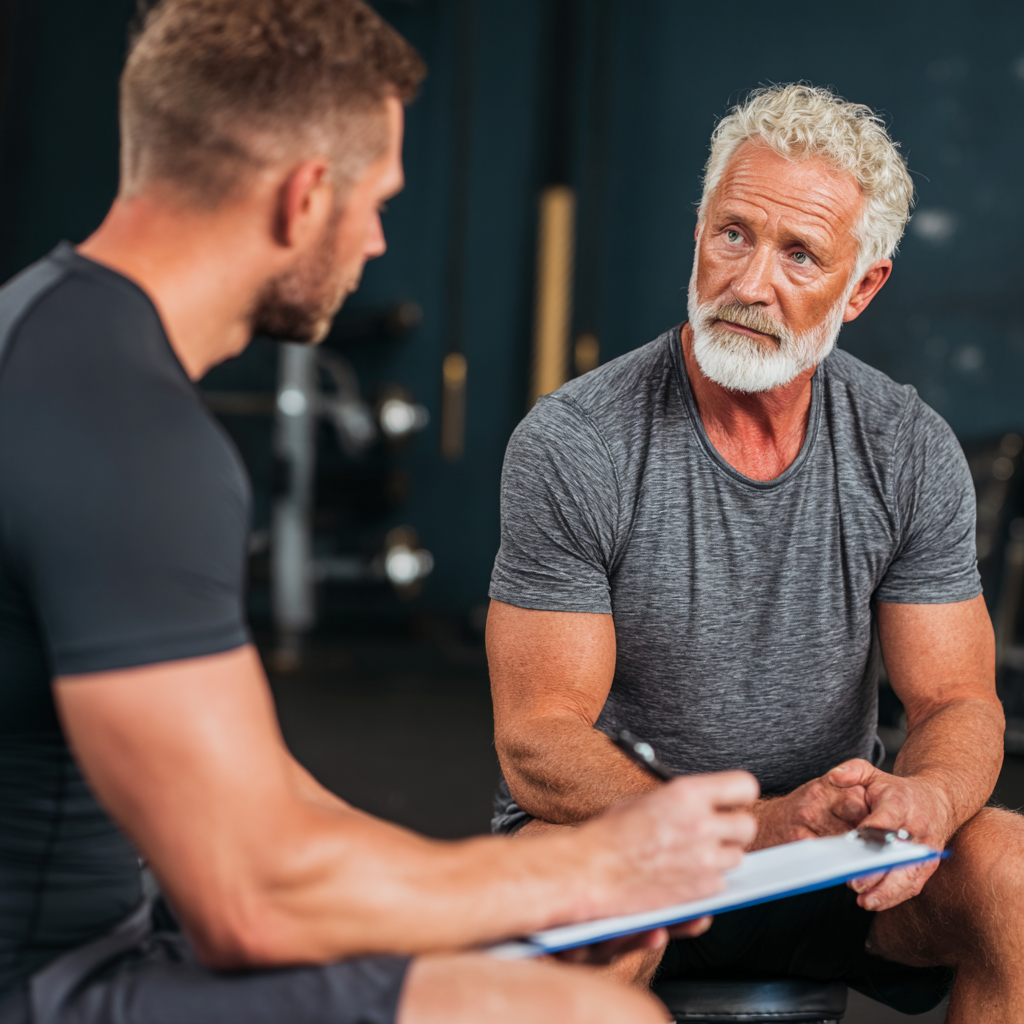 Older adult man in consultation with fitness coach discussing personalized training approach
